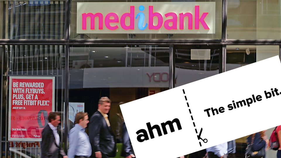 Pictured: Medibank branch, ahm logo. Images: Getty, ahm