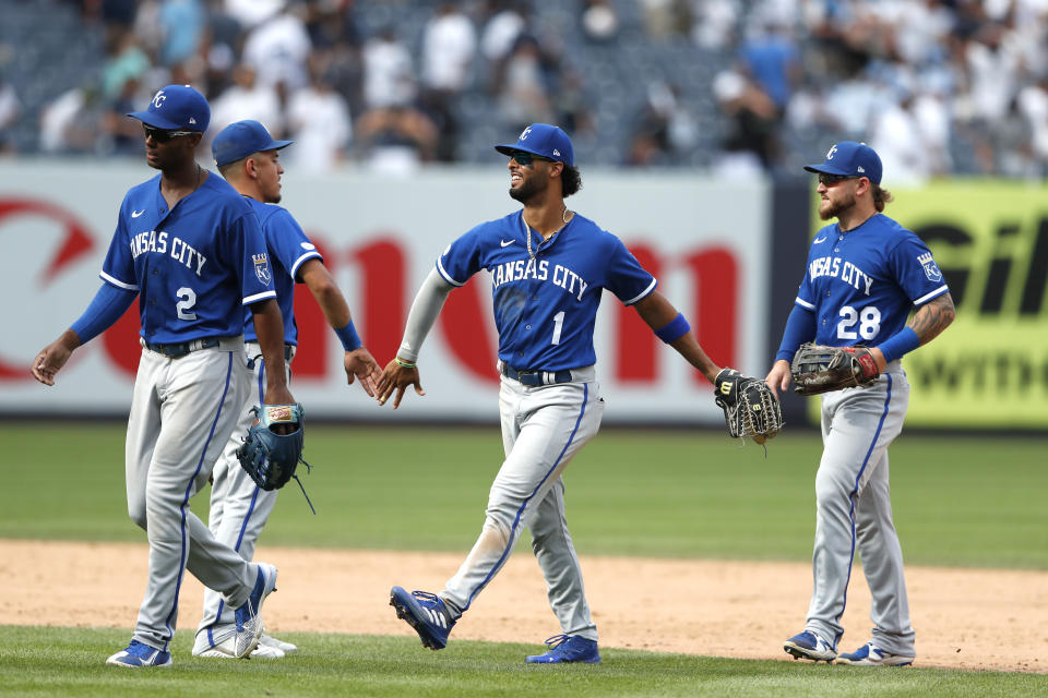 Kansas City Royals catcher MJ Melendez (1) celebrates with teammates after defeating the New York Yankees in a baseball game Sunday, July 31, 2022, in New York. (AP Photo/Noah K. Murray)