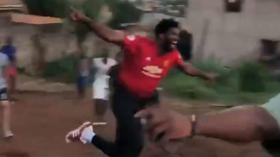 Joel Embiid celebrates a goal in Cameroon. Pic: Twitter