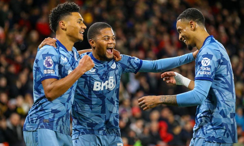 <span>Leon Bailey (centre) reacts after scoring Aston Villa’s third goal after 20 minutes.</span><span>Photograph: Alex Dodd/CameraSport/Getty Images</span>