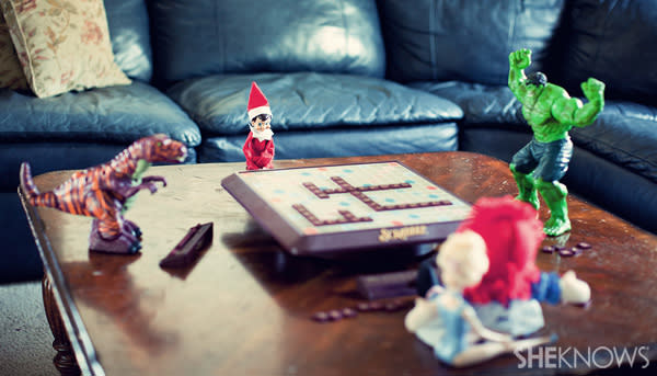 Elf on the Shelf idea 10: Elfie Rojo playing Scrabble