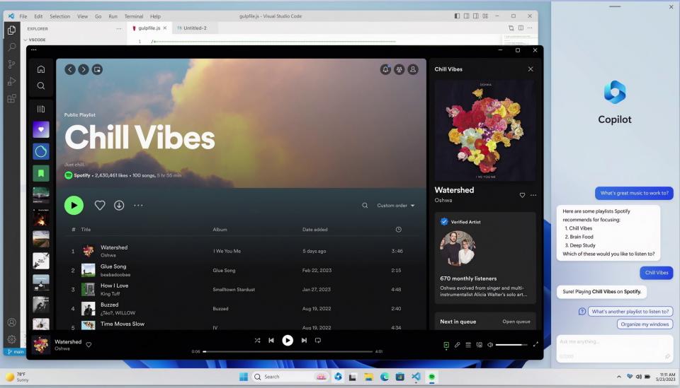 Windows Copilot eligiendo música en Spotify