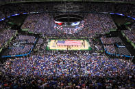 A general view as The Fray performs the national anthem before the Kentucky Wildcats take on the Kansas Jayhawks in the National Championship Game of the 2012 NCAA Division I Men's Basketball Tournament at the Mercedes-Benz Superdome on April 2, 2012 in New Orleans, Louisiana. (Photo by Chris Graythen/Getty Images)