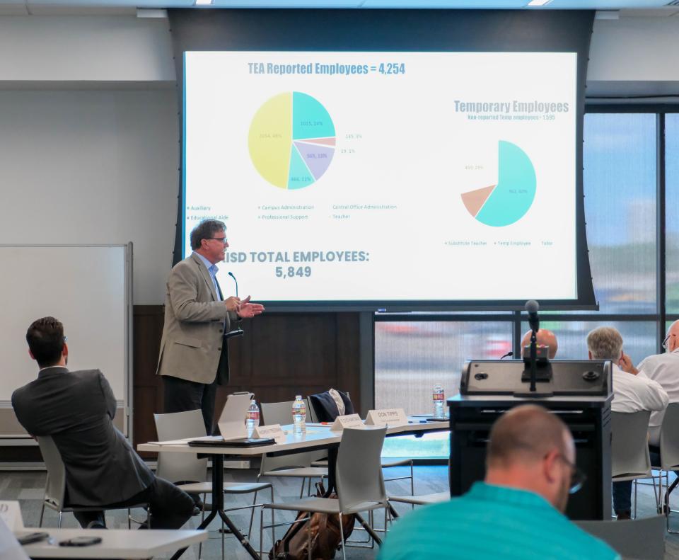 Interim Amarillo City Manager Floyd Hartman addresses those in attendance at a workshop given by Amarillo ISD with the Amarillo City Council and the Potter County Commissioner's Court in attendance at Am Tech Career Academy in Amarillo.