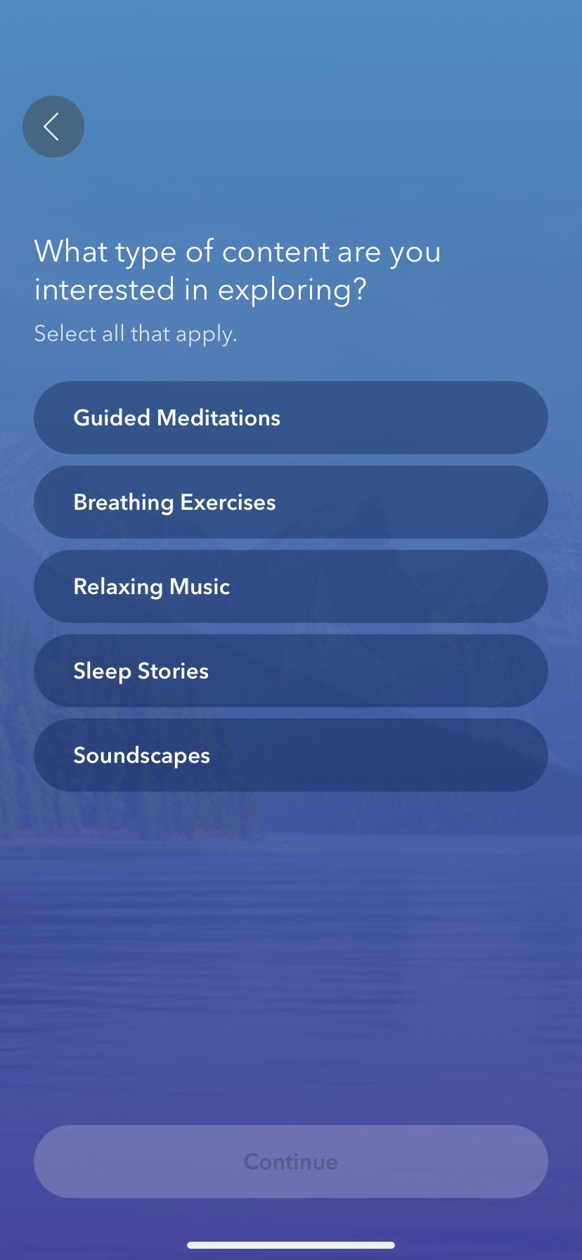 a blue screen and question "What type of content are you interested in exploring?" in a screenshot of the meditation app Calm