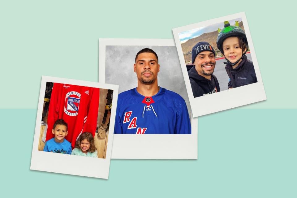 Three images of New York Rangers hockey player Ryan Reaves with his kids