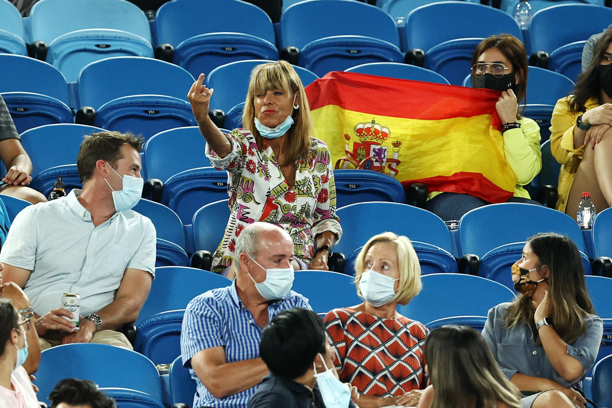 MELBOURNE, AUSTRALIA - FEBRUARY 11: A fan yells out abuse at Rafael Nadal of Spain during his Men's Singles second round match against Michael Mmoh of the United States during day four of the 2021 Australian Open at Melbourne Park on February 11, 2021 in Melbourne, Australia. (Photo by Cameron Spencer/Getty Images)