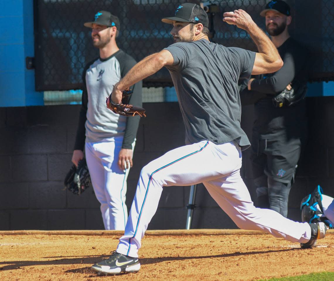 Miami Marlins pitcher JT Chargois throws a bullpen session on Monday, Feb. 13, 2022, at the Roger Dean Chevrolet Stadium complex in Jupiter, Florida.