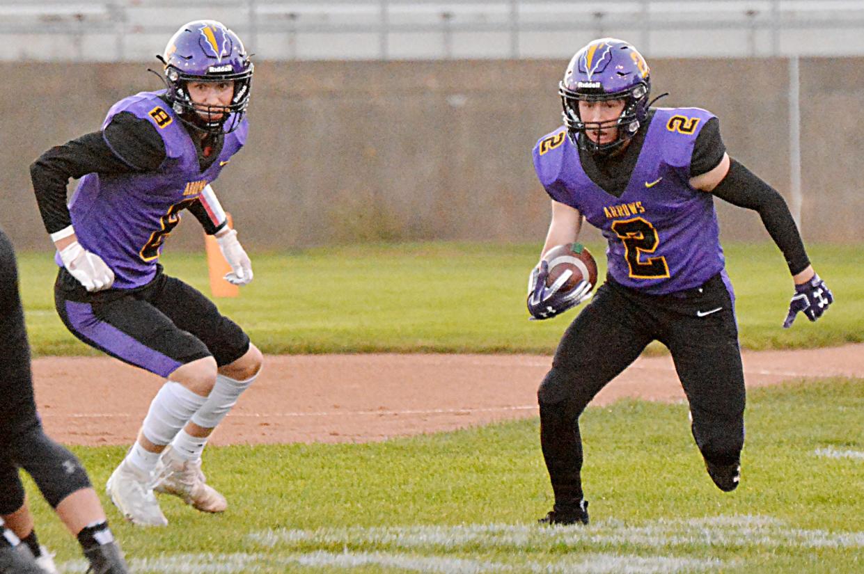 Watertown's Dalton Baumberger (8) looks for somebody to block as teammate Jesse Werner heads upfield with the opening kickoff during an Eastern South Dakota Conference football game against Pierre last Friday at Watertown. The Arrows host Aberdeen Central at 7 p.m. Friday in their homecoming game.