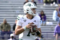 Ohio quarterback Kurtis Rourke looks to pass during the second half of an NCAA college football game against Northwestern in Evanston, Ill., Saturday, Sept. 25, 2021. Northwestern won 35-6. (AP Photo/Nam Y. Huh)