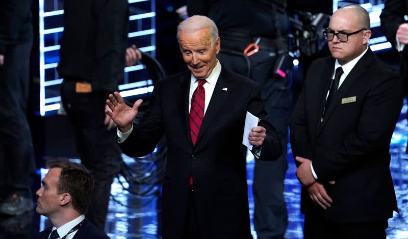 Former Vice President Joe Biden reacts to the crowd at the end of the ninth Democratic 2020 U.S. Presidential candidates debate in Las Vegas Nevada, U.S.