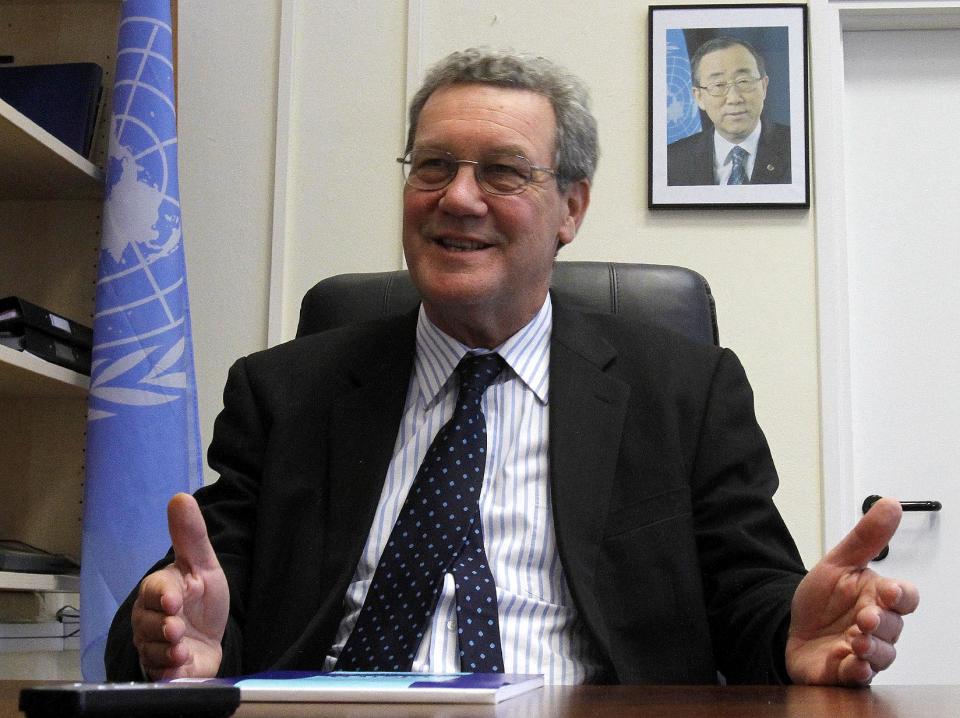 United Nations envoy Alexander Downer talks during an interview with The Associated Press at his office in the UN buffer zone in the divided capital of Nicosia, Cyprus, Tuesday, March 20, 2012. A United Nations envoy says long-running negotiations to reunify divided Cyprus will likely halt in July when the island's Greek Cypriot-led government takes over the EU's six-month rotating presidency. (AP Photo/Petros Karadjias)