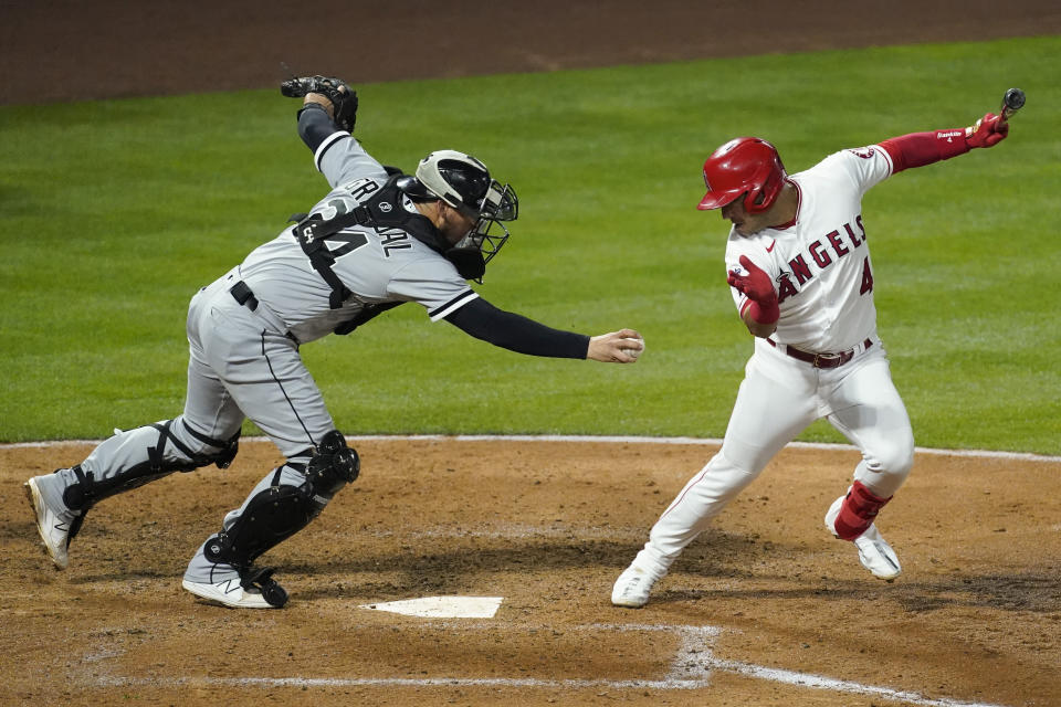 Los Angeles Angels shortstop Jose Iglesias (4) avoids a tag attempt by Chicago White Sox catcher Yasmani Grandal (24) during the fourth inning of an MLB baseball game Friday, April 2, 2021, in Anaheim, Calif. Iglesias was out at first. (AP Photo/Ashley Landis)