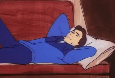 Animated character lying on couch with hands behind head, relaxed expression. Image used in "Internet Finds" article