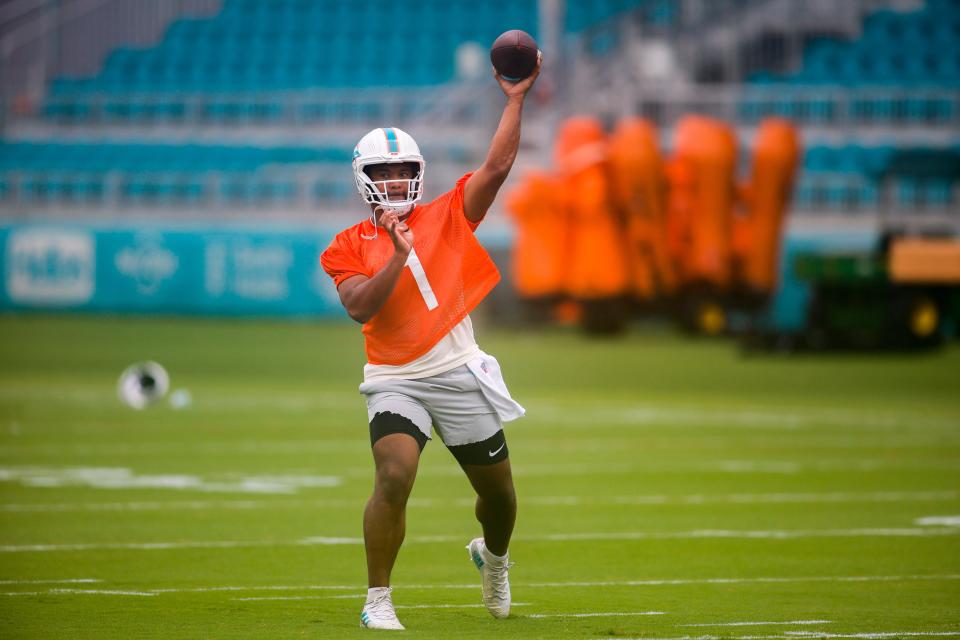 Miami Dolphins quarterback Tua Tagovailoa throws during mandatory minicamp at the Baptist Health Training Complex on June 6.