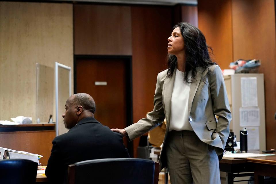 Defense attorney Brooke Barnett, right, delivers her opening statement on the first day of the murder trial of her client, James Ray III, in Newark on Wednesday, March 29, 2023. Ray is charged with murdering his girlfriend, Angela Bledsoe, in the Montclair home they shared in 2018.
