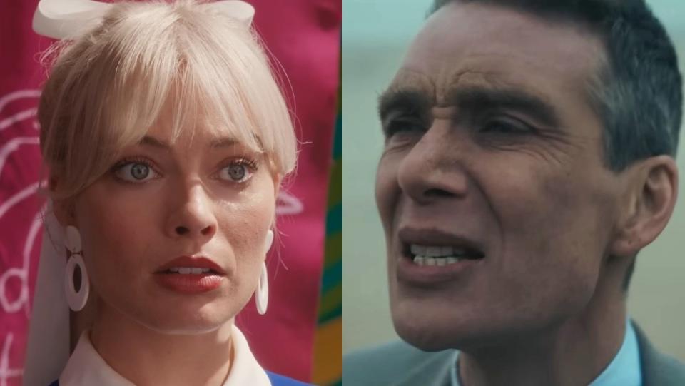 Margot Robbie's Barbie in blue split with Cillian Murphy's wind streaked face in Oppenheimer