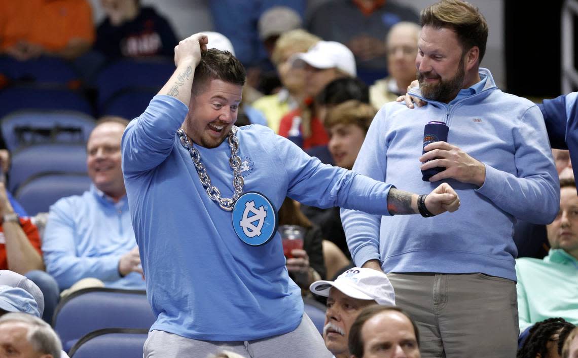 A North Carolina fans dances before the start of UNC’s game against Virginia in the quarterfinals of the ACC Men’s Basketball Tournament in Greensboro, N.C., Thursday, March 9, 2023.