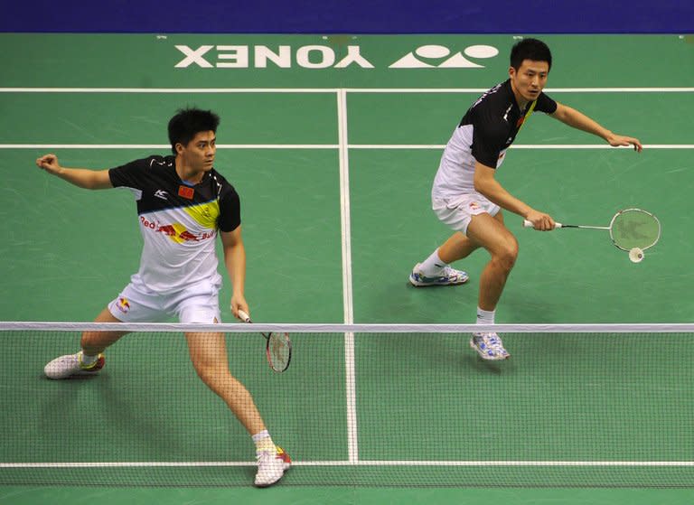 Cai Yun (R) and Fu Haifeng (L) of China, pictured in action during the Hong Kong Open badminton tournament, on November 25, 2012. China look set to confirm their dominance of world badminton when the Sudirman Cup gets under way on Sunday as their rivals try to find a way to prevent a ninth Chinese team championship in the event