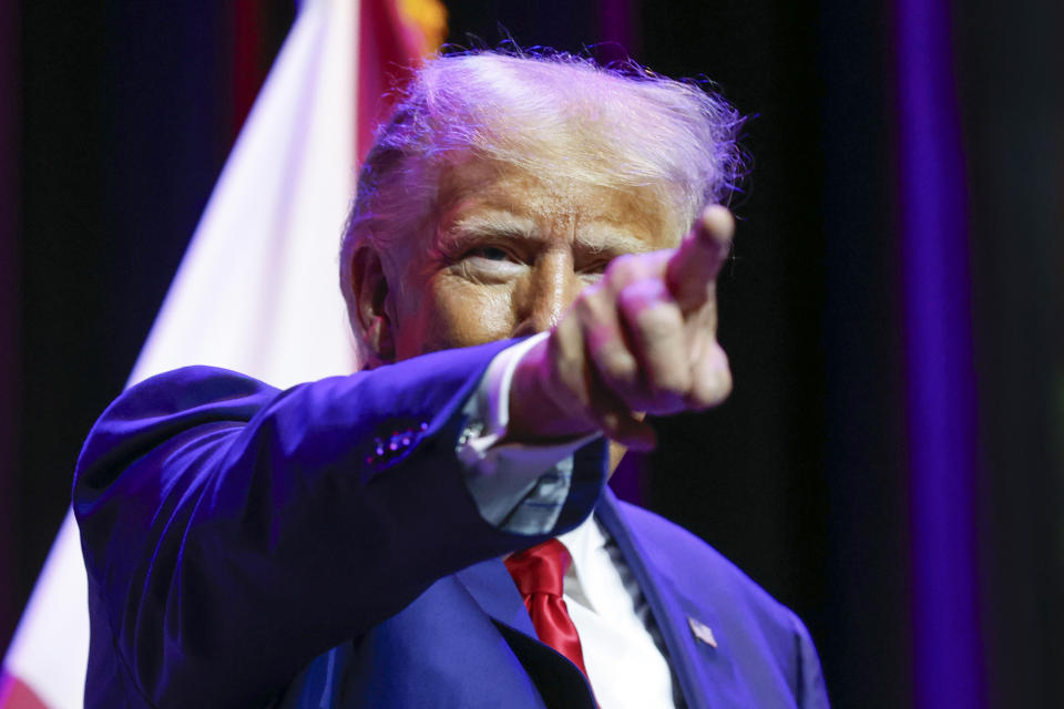 Former President Donald Trump speaks at a fundraiser event for the Alabama GOP, Friday, Aug. 4, 2023, in Montgomery, Ala. (AP Photo/Butch Dill)