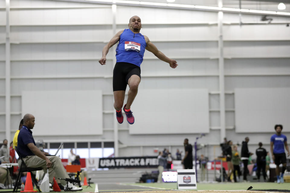 FILE - In this Saturday, Feb. 23, 2019 file photo, Roderick Townsend performs in the men's long jump final at the USA Track & Field Indoor Championships, in New York. NBC will air coverage of the Paralympics for the first time in primetime later this summer when the Summer Paralympic Games take place in Tokyo. NBCUniversal announced on Wednesday, Feb. 24, 2021 that 1,200 hours of programming will air across NBC's linear and digital channels. (AP Photo/Julio Cortez, File)