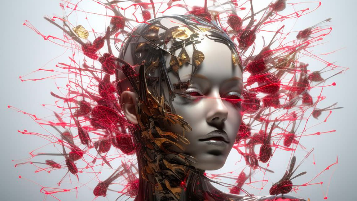  Paul Dowling AI art interview; a render of a woman and paint splashes. 