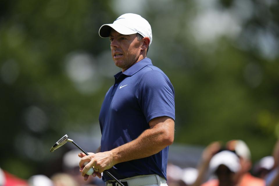 Rory McIlroy, of Northern Ireland, prepares on the first tee during the final round of the Travelers Championship golf tournament at TPC River Highlands, Sunday, June 25, 2023, in Cromwell, Conn. (AP Photo/Frank Franklin II)