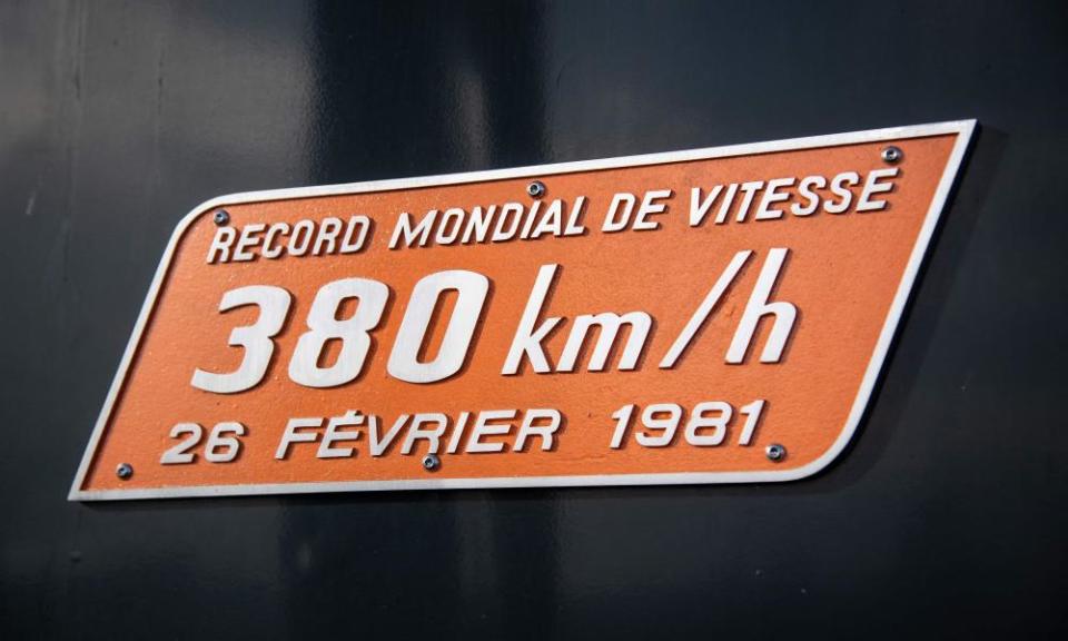 Commemorative plaque on TGV train number 16, pictured on 26 February 2021, 40 years after the train broke the world record of railway speed.