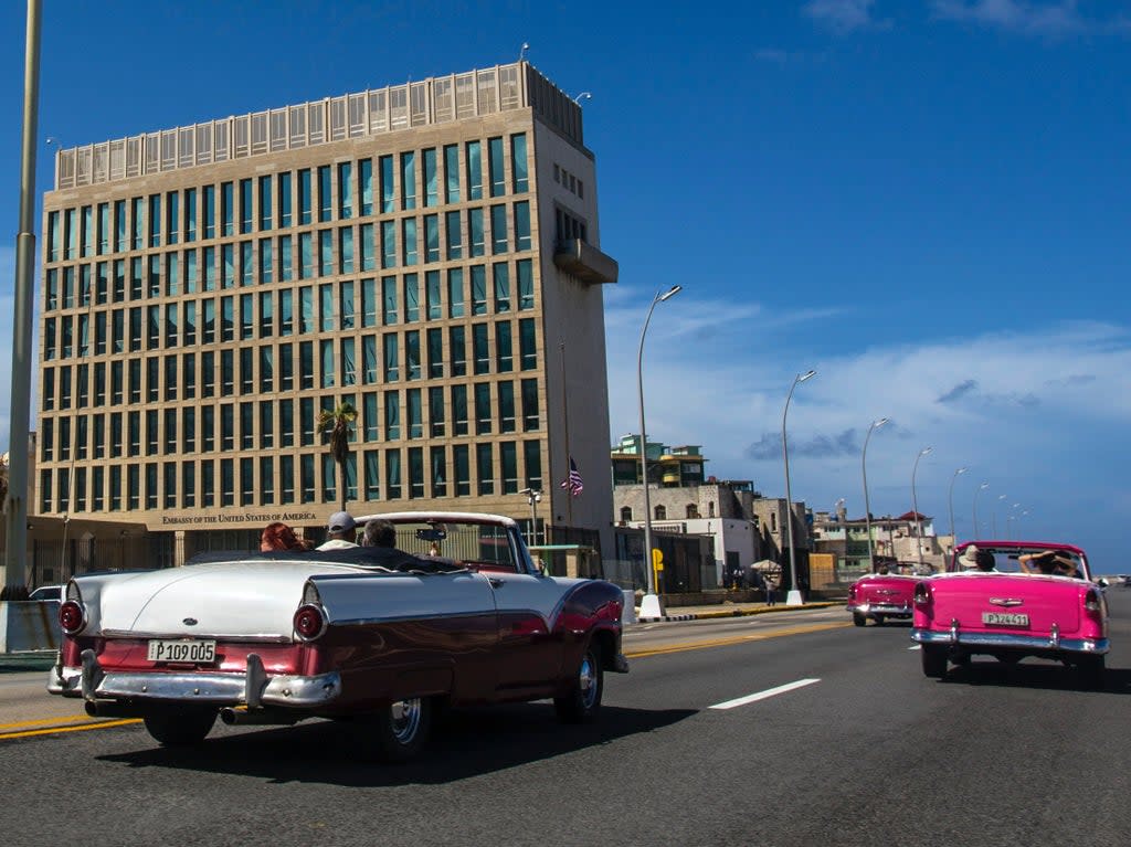 Outside the US embassy in Havana, Cuba (AP)