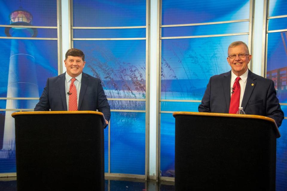 Republican candidates for representative of Mississippi’s fourth district incumbent Rep. Steven Palazzo, left, and Jackson County Sheriff Mike Ezell, right, pose for a photo at WLOX studios in Gulfport before participating in a debate on Friday, June 24, 2022.