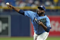 Tampa Bay Rays relief pitcher Diego Castillo delivers to the Boston Red Sox during the ninth inning of a baseball game Wednesday, June 23, 2021, in St. Petersburg, Fla. (AP Photo/Chris O'Meara)