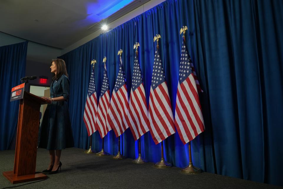 Republican presidential candidate and former UN Ambassador Nikki Haley delivers a speech to press and supporters in Greenville, S.C., on Feb. 20, 2024. Haley said she would not be dropping out of the presidential race ahead of the South Carolina primary.