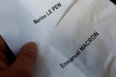 A voter holds ballots for candidates for French 2017 presidential election : Marine Le Pen, French National Front (FN) political party leader, and Emmanuel Macron, head of the political movement En Marche !, or Onwards !, before voting in the first round of 2017 French presidential election at a polling station in Tulle, central France, April 23, 2017. Picture taken April 23, 2017. REUTERS/Regis Duvignau