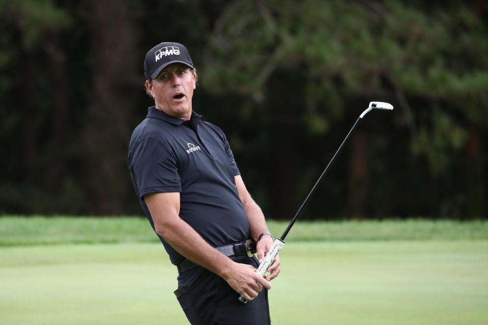 JEJU, SOUTH KOREA - OCTOBER 18: Phil Mickelson of the United States reacts after a putt on the 2nd hole during the second round of the CJ Cup @Nine Bridges at the Club a Nine Bridges on October 18, 2019 in Jeju, South Korea. (Photo by Chung Sung-Jun/Getty Images)