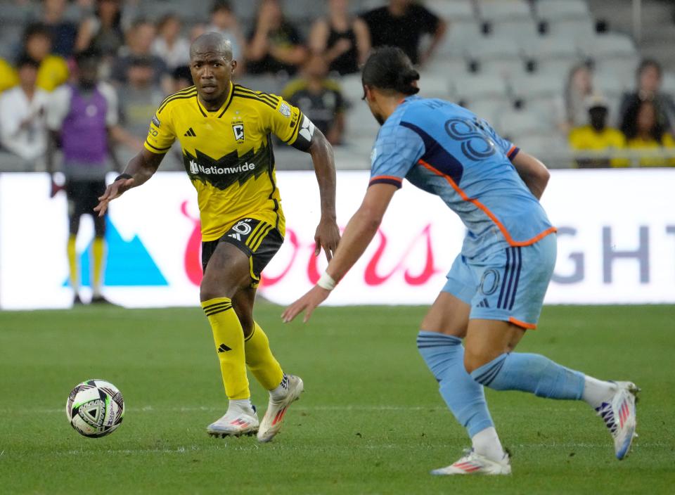 August 17, 2024; Columbus, Ohio, USA; 
Columbus Crew midfielder Darlington Nagbe (6) is pursued by New York City midfielder Justin Haak (80) during the second half of a Leagues Cup quarterfinal match at Lower.com Field.