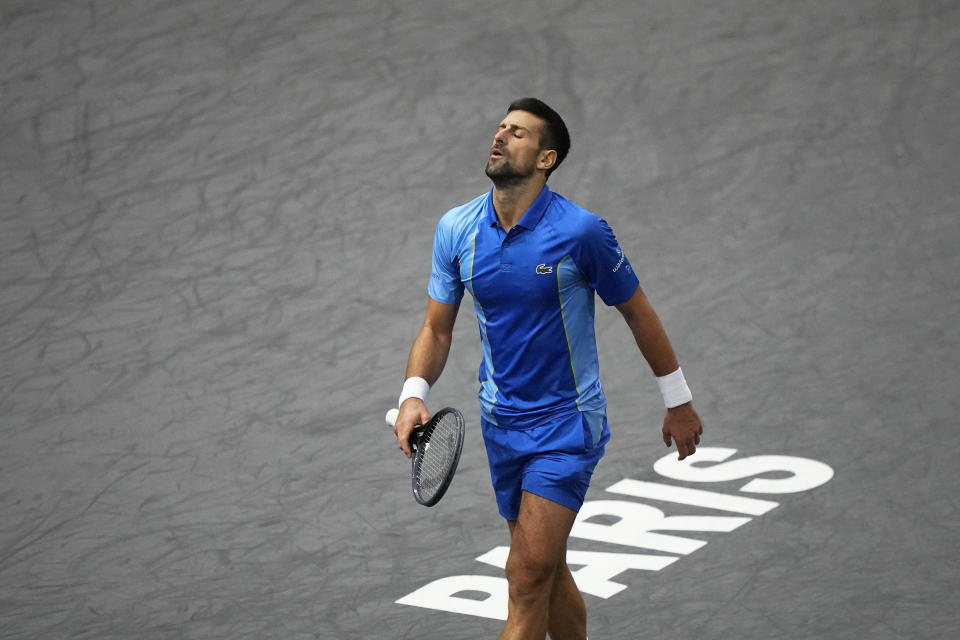 Serbia's Novak Djokovic reacts after missing a point during the final match against Bulgaria's Grigor Dimitrov at the Paris Masters tennis tournament Sunday, Nov. 5, 2023. (AP Photo/Michel Euler)