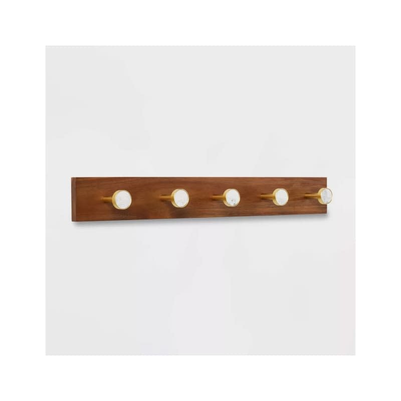 Threshold Metal and Faux Marble 5 Gold Hooks Rail on Acacia Wood