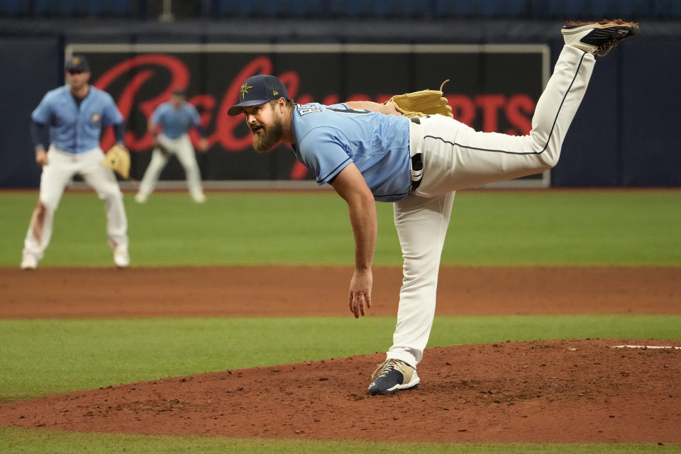 Mar 22, 2023; St. Petersburg, Florida, USA; Tampa Bay Rays relief pitcher Jalen Beeks (68) throws a pitch during the sixth inning against the <a class="link " href="https://sports.yahoo.com/mlb/teams/philadelphia/" data-i13n="sec:content-canvas;subsec:anchor_text;elm:context_link" data-ylk="slk:Philadelphia Phillies;sec:content-canvas;subsec:anchor_text;elm:context_link;itc:0">Philadelphia Phillies</a> at Tropicana Field. Mandatory Credit: Dave Nelson-USA TODAY Sports