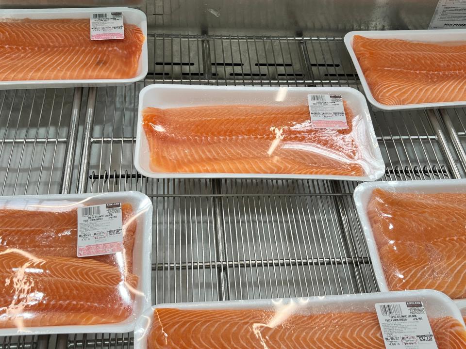 Several packs of large Alaskan salmon filets at Costco