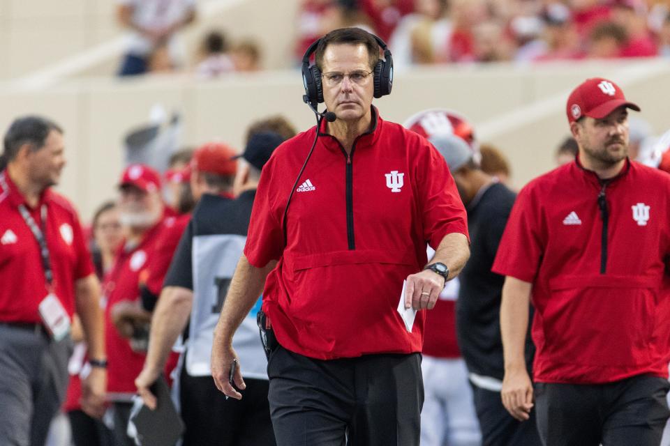 Sep 6, 2024; Bloomington, Indiana, USA; Indiana Hoosiers head coach Curt Cignetti in the first quarter against the Western Illinois Leathernecks at Memorial Stadium. Mandatory Credit: Trevor Ruszkowski-Imagn Images