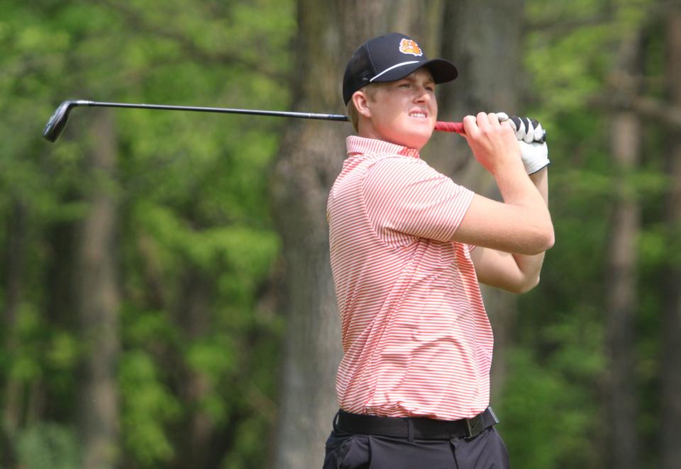 Brighton's Matt Doyle shot 75 to tie for ninth in the KLAA golf tournament Tuesday, May 23, 2023 at Kensington Metropark Golf Course.