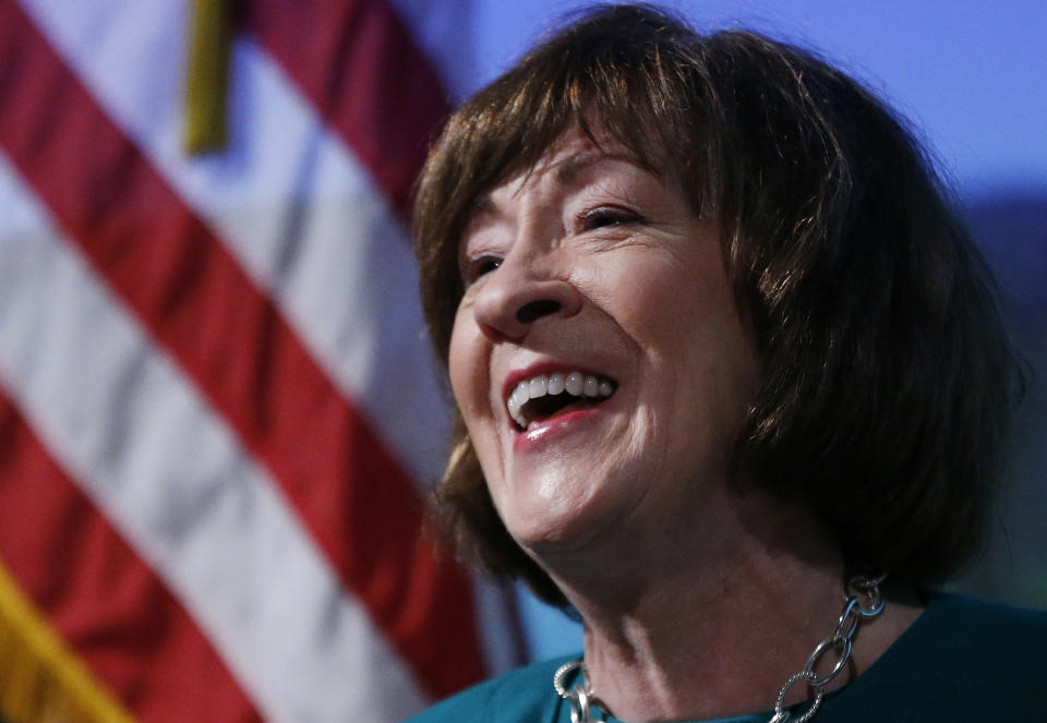 U.S. Sen. Susan Collins, R-Maine, considered one of the few possible Republican "no" votes on Supreme Court nominee Brett Kavanaugh, speaks at Saint Anselm College, Friday, Sept. 21, 2018, in Manchester, N.H. (AP Photo/Elise Amendola)