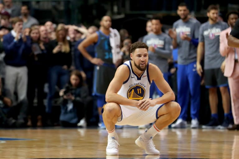 Golden State's Klay Thompson reacts to a call in the final seconds of a 109-112 NBA loss to the Dallas Mavericks