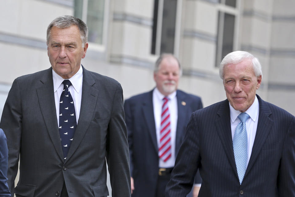 FILE – In this July 14, 2016, file photo, David Samson, left, former chairman of The Port Authority of New York & New Jersey, and one of his attorneys, Justin Walder, right, leave federal court after Samson pleaded guilty to bribery during a hearing in Newark, N.J. Samson, who resigned in March 2014, is scheduled to be sentenced Monday, March 6, 2017, for using his post to get United Airlines to run money-losing direct flights between Newark, N.J., and Columbia, S.C., saving him an hour's driving time to his weekend home. (AP Photo/Mel Evans, File)