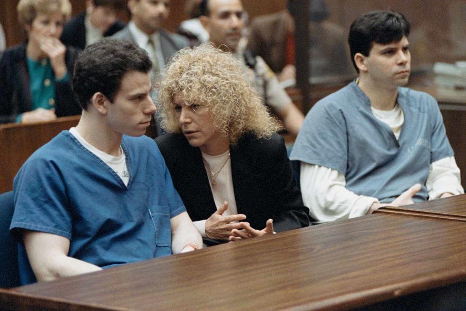 <p>Ted Soqui/Sygma/Getty</p> Erik Menendez, with his attorney Leslie Abramson and his brother, Lyle Menendez