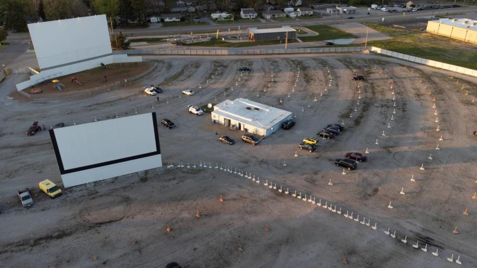 A drone photo showing the Skyview drive-in theater in Belleville, Ill. on April 12, 2024.