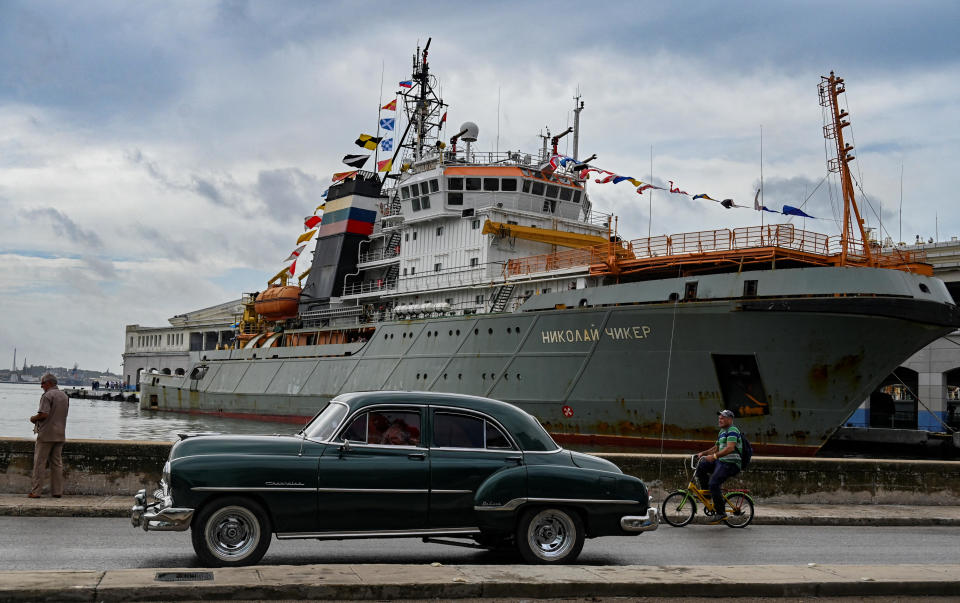 The                  salvage tug Nikolai Chiker, part of the Russian naval detachment visiting Cuba, docks at Havana's harbor, June 12, 2024. / Credit: Yamil Lage/AFP via Getty Images