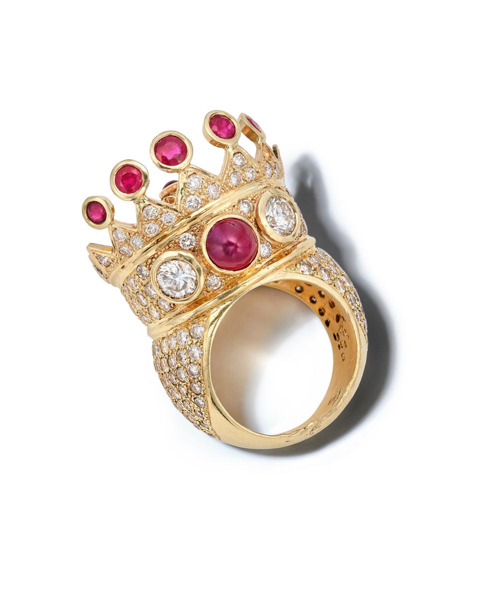 Tupac Shakur designed and wore this custom-made gold, ruby and diamond crown ring during his last public appearance before he was killed in 1996.