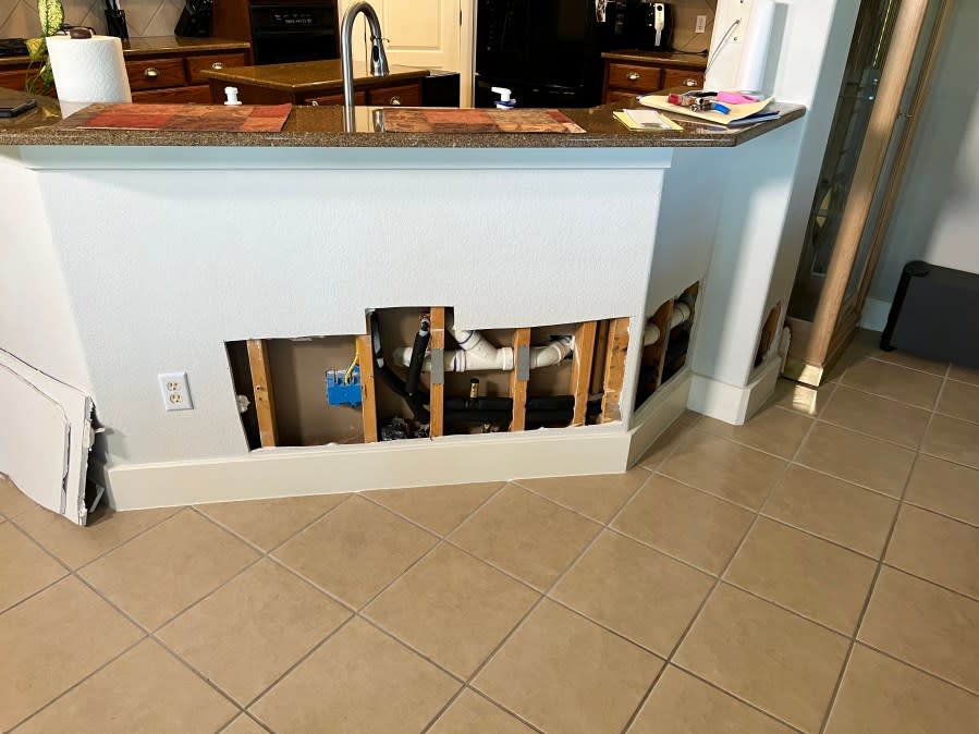 Large hole cut out in Perry's kitchen island (KXAN Photo/Mike Rush)