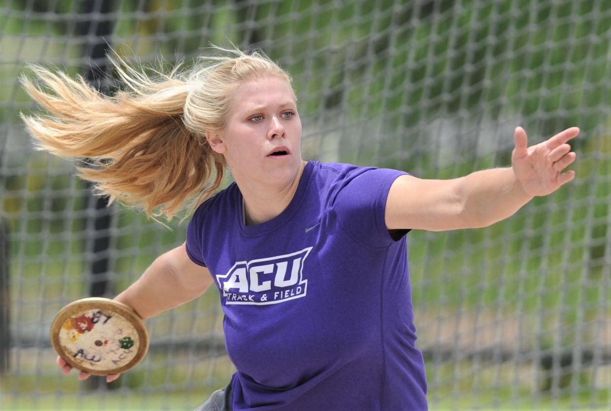 ACU's Annina Brandenburg, shown here preparing for her first national track berth in 2019, will make her third trip to the NCAA Division I national track meet this year. This time in the shot put, after two previous trips in the discus.